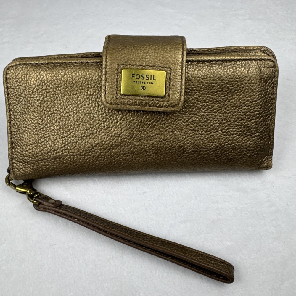 FOSSIL Quinn Slim Wristlet Clutch Bi-Fold Wallet Pebbled Metallic‎ Gold SWL1085
